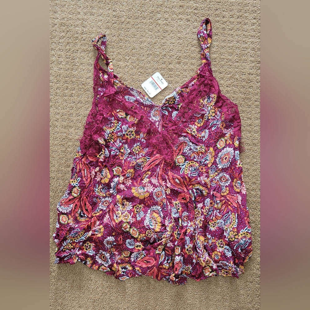 Free People Floral Lace Trim Camisole Top